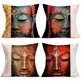 Easternproject Set of 4 Throw Pillow Covers Cotton Linen Bohemia Indian Style Buddha Portrait Pillow Cases Vintage Mandala Flower Sakyamuni Pattern 18x18 Inch Cushion Cover for Chair Couch
