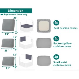 TECOSARA Outdoor Cushion Covers Replacement 14 Pcs Patio Cushion Covers fit for 7Pieces 6-Seater Wicker Rattan Sectional Couch Sofa Outdoor Cushion Slipcovers Set Seat and Back Cover Only, Grey