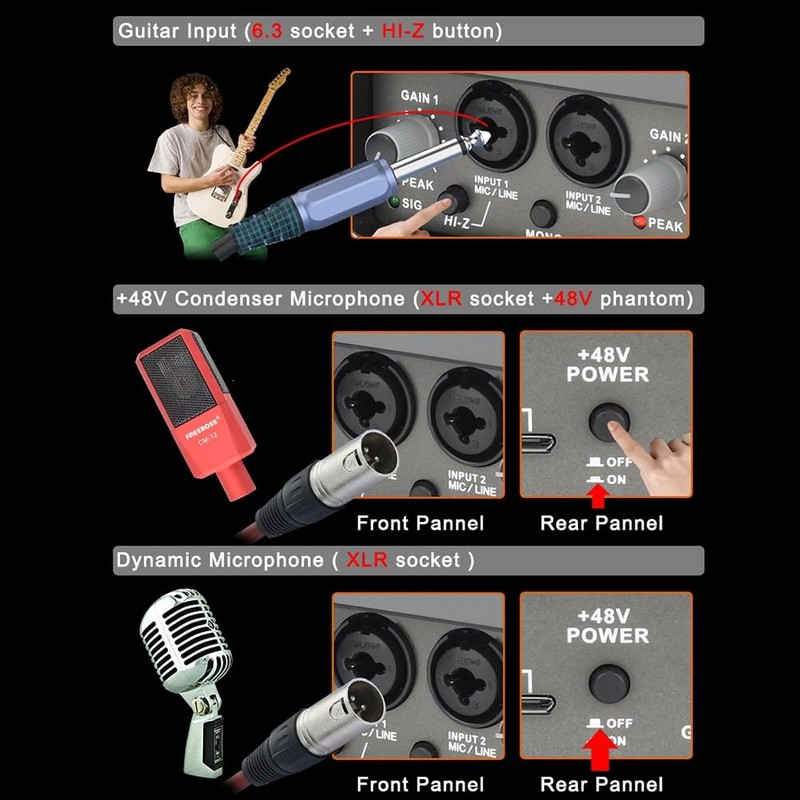 Roarrter Professional 24Bit 192KHz Audio Interface 2 Input Sound Card