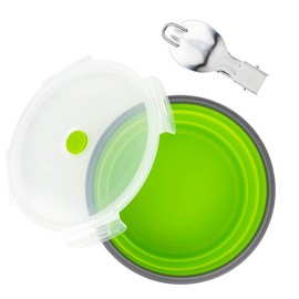 CCyanzi - Cuenco plegable de silicona para camping, 1200 ml, con tapa y cuchara plegable de acero inoxidable, para picnic, viajes, camping, caravana, nevera y microondas (redondo, verde)
