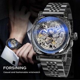 FORSINING Watches for Men, Square Retro Mechanical Watch Self-Wind Carved, Skeleton Automatic Watches Vintage Wristwatch Black
