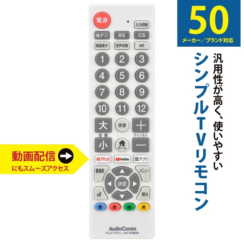 Ohm Electric AudioComm AV-R580N-W 03-5921 Simple TV Remote Control, Compatible