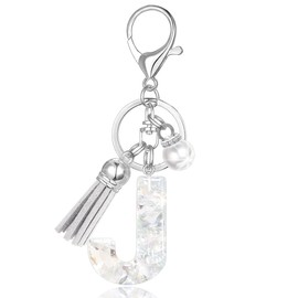 XGALBLA Women's Rhinestone Alphabet Letter J Keychain Tassel, Simulated Pearls and Initial with Key Ring Premium Bag Charm for Handbags