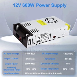 SUMANEP AC to DC 12V 50A 600W Power Supply Universal Regulated Switching Converter AC110V/220V (SMPS) Transformer Driver Adapter for LED Strip Light, CCTV Camera Security, Radio, RV