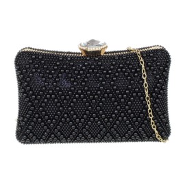 Girly Handbags Womens Beaded Pearls Hard Case Clutch Bag Medium Black