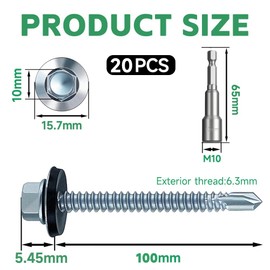 6.3x100mm Self-Drilling Roofing Screws, 20 pcs Hex Head Self Tapping Screws, Hex Head Self-Drilling Roof Screws with Rubber Sealing Washer. with Hex Socket, Zinc Plat.