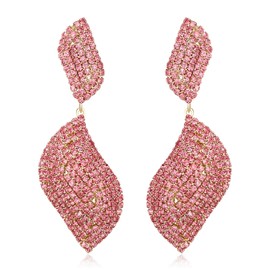 Crysdue Wedding Bridal Crystal Leaf Chandelier Drop Earrings, Gold Plated Pink Prom Statement Dangle Earrings for Women