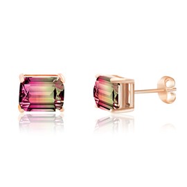 Devin Rose Rose Gold Plated Sterling Silver Emerald Shaped Simulated Watermelon Tourmaline Stud Earrings for Women Horizontal