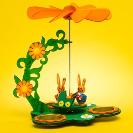 Sikora OD05 Easter Decoration Wooden Tea Light Table Pyramid with Easter Bunny Figures, Colour/Model: A1 Easter Bunny Family Orange/Green