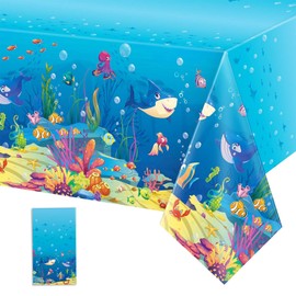 Tiamon 1 Pcs Under The Ocean Tablecloths Ocean Waves Table Covers Animal Shark Tablecloths Underwater Plastic Table Covers for Fishing Beach Pool Birthday Party Decoration Supplies