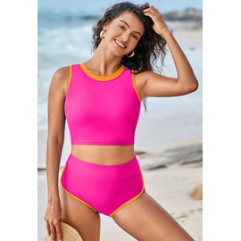 Pink Queen Bikini Sets for Women Crew Neck Crop Top High Cut Bottoms Sporty High Waisted Bathing Suit Rose Red S