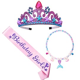 ERNITES Mermaid Birthday Girl Shoulder Strap Ceremonial Belt Crown Set Happy Birthday Mermaid Headband Princess Party Decorations