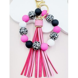 Leopard Pattern Beaded Tassel Decor Keychain, Boho Style Jewelry for Women & Girls, Elegant All-match Fashion Accessories for Daily Wear, Exquisite Jewelry for Birthday Gifts, for Fall - Color: Baby Pink, Size: one-size