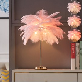 LINCWONZ White Ostrich Feather Lamp,3-Color Temperatures Table Lamps for Girls Bedroom Funky Unique Cute Bed Side Nightstand Gold Desk Light (Bright Pink)
