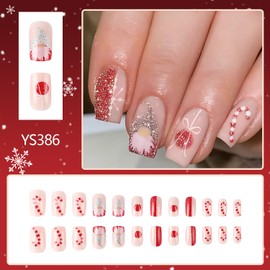 Christmas Press on Square Nails Short Length Glossy Full Cover Acrylic Xmas False Nails with Snowflake Designs Artificial Square Shaped Fake Nails with Charms Glue ons Fingernails for Women(YS386)