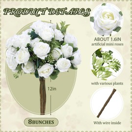 Zeyune 8 Pack 12 Inch Valentine's Day Artificial Rose Bouquet Silk Roses Flowers Bunches Bulk Fake Roses for Wedding Bridal Home Office Garden Parties Decoration(White)