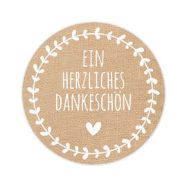 KuschelICH 50 Round Paper Stickers in Jute Look A Heartfelt Thank You with Small Heart and Tendril - 5 cm Diameter