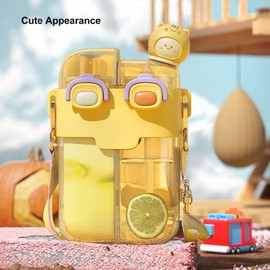 Kawaii Water Bottle, 780ml Kawaii Bear Water Bottles with Straw, Adjustable Strap Sticker, Cute Water Bottle Portable LeakProof Portable Bottle for Girls School (Yellow)