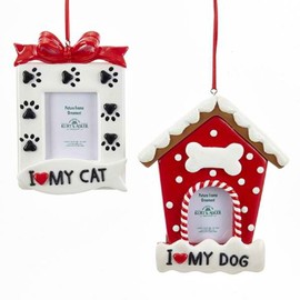 Kurt Adler RED and White Dog I Love My Dog and CAT I Love My CAT Picture Frame ORANAMENT - 2 Assorted