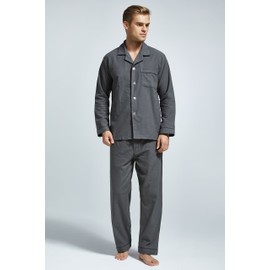 TONY AND CANDICE Men’s Flannel Pajama Set, 100% Cotton Long Sleeve Sleepwear (Large, Grey with Black Piping)