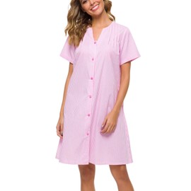 YOZLY House Dress Women Cotton Duster Robe Short Sleeve Housecoat Button Down Nightgown Pink XX-Large