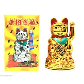 Monkey King Battery Powered GOLD Lucky Beckoning Waving Wealth Cat Kitty Maneki Neko 4" tall MK9904