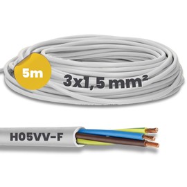 5 m Kalitec H05VV-F Hose Electrical Cable 3 x 1.5 mm² I Power Cable 3G 1.5 mm² with Protective Conductor I PVC Cable for Indoor I White I Lamp Cable Flexible I Device Cable 3 Core