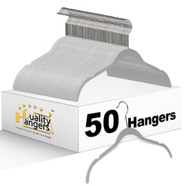 Quality Hangers Clothes Hangers 50 Pack - Non-Velvet Plastic Hangers for Clothes -Heavy Duty Coat Hanger Set -Space-Saving Closet Hangers with Chrome Swivel Hook, Non-Flocked Hangers (50, Gray)