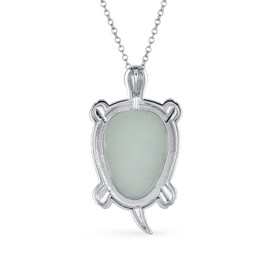 Bling Jewelry Large Unisex Nautical Tropical Beach Vacation Gemstone Light Green Jade Hawaiian Sea Turtle Pendant Statement Necklace for Women Men .925 Sterling Silver Oxidized