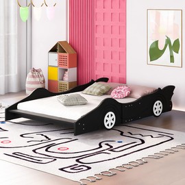 Harper & Bright Designs Full Size Race Car-Shaped Platform Bed with Wheels, Wooden Platform Bed Frame with Support Slats, Full Size Floor Bed for Kids Boys Girls Teens, Black