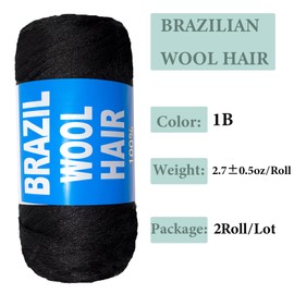 2 Roll Natural Black Brazilian Wool Hair Yarn for Jumbo Braids Braiding Hair for Soft Faux Locs Goddess Locs Hair Extension Senegalese Twist Crochet Hair for Black Women (Natural Black, 2Roll)