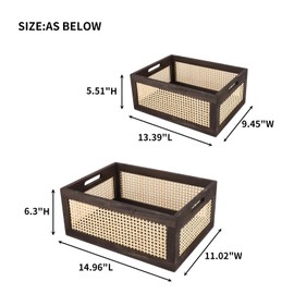 Rattan Storage Baskets, Wicker Storage Baskets for Shelves, Wooden Crate. (Brown-Set2)
