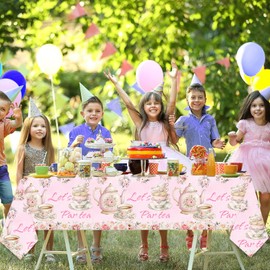 3 PCS Pink Floral Tea Tablecloth 54'' x 108'' Let's Par Tea Table Cover for Teapots Teacups Theme Girls Par Tea Baby Shower Floral Birthday Engagement Bachelorette Party Table Supplies Decorations