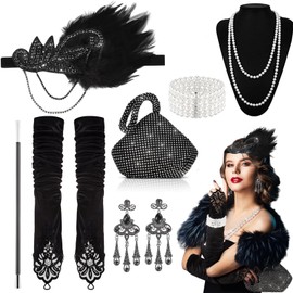 9 Pieces 1920s Dresses Years Costume Women's Set, Fancy Dress Costumes Women's Gatsby Years Accessories Time Travel Accessories Retro Includes Headband Necklace Gloves Earrings Handheld Props (Black