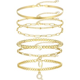 17 MILE 6 Pcs Gold Initial Bracelets Set for Women Trendy, 14K Real Gold Plated Stackable Chain Bracelets Adjustable, Dainty Stretch Beaded Letter Bracelet for Gifts (Q-Gold)
