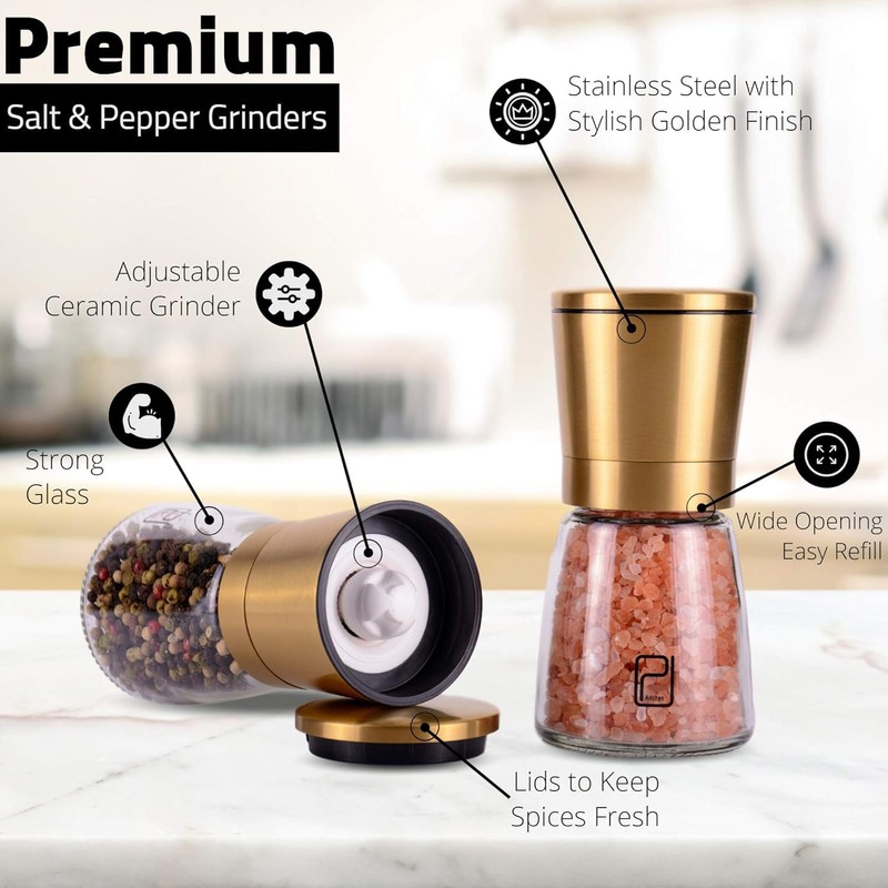 Premium Salt and Pepper Grinder Set - 5 oz, Golden