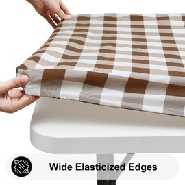 Smiry Rectangle Picnic Table Cloth, Elastic Waterproof Fitted Vinyl Tablecloths, Flannel Backed Buffalo Plaid Table Covers for Dining, Camping, Outdoor (White and Brown, 30" x 72")