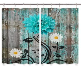 Rustic Teal Floral Kitchen Curtains, Farmhouse Turquoise Blue Flower Daisy Grey Wood Decor Window Drapes Curtains 2 Panels, Vintage Country Gray Upgrade Window Treatment Sets with Hooks, 55X39Inches