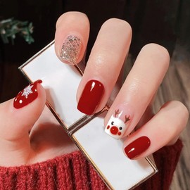 Folmywy 24pcs Christmas Fake Nails Short Artificial Nails Glitter Glossy Press on Nails Snowflake Elk Design Daily Wear for Girls and Women DIY Gift Style