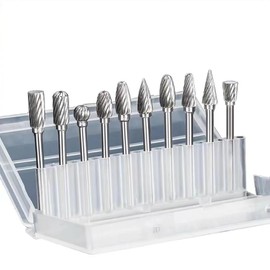 Single/Double Cut Tungsten Carbide High Hardness&Durable Burr Set with 8’’ 10PC Rotary Cutting Burrs,for Engraving, Cutting and Grinding On Metal, Wood, Stone and Plastic. (Single Cut)