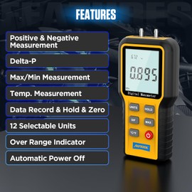 AUTOOL Digital Manometer, Gas Pressure Tester, Fieldpiece Manometer HVAC 12 Selectable Units Differential Pressure Gauge, Large LCD Display with Backlight