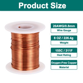 sourcing map 20 AWG Magnet Wire, 20 Gauge / 0.8mm Enameled Copper Wire, 8 oz Magnetic Coil Wire for Transformer, Motor, Electric, 155C(311F)