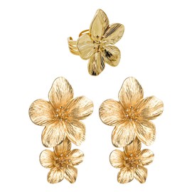 1 Pair Of Gold Long Flower Earrings, 1 Flower Ring, Gold Flower Earrings, Large Gold Earrings, Gold Flower Earrings, Gold Statement Earrings For Women