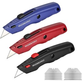 WORKPRO Premium Utility Knife Red Black Blue with 10 Extra Blades Heavy Duty - Black
