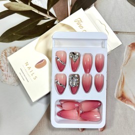 Pink Gradient French Tip Press on Nails Long Glitter Rhinestones False Nails Almond Nails Reusable Artificial Coffin Nails Full Cover Acrylic Nails 24Pcs DIY Stick on Nails Glue on Nails for Women