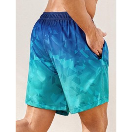 SILKWORLD Swim Trunks Men Quick Dry Bathing Suits 2 in 1 Swimming Shorts Beach Swimsuit with Zipper Pocket and Compression Liner, Gradient- Blue Geometry, XX-Large