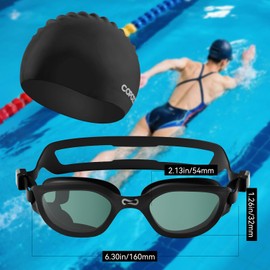 COPOZZ Swim Goggles and Swim Cap Set – Anti-Fog, UV Protection, Comfort Fit for Indoor & Outdoor Swimming(Black Goggles and Black Cap)