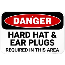 Danger Hard Hat and Ear Plugs Required in This Area OSHA Sign, 12x18 Inches, 55 mil Thick HDPS (high Density polystyrene), Made in USA