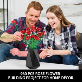 Red Rose Bouquet Building Set, 960PCS Roses Flowers Artificial Flowers Botanical Collection Blocks Kit for Adults Women Gift for Valentines & Mother's Day Home Decor Flower Decorations