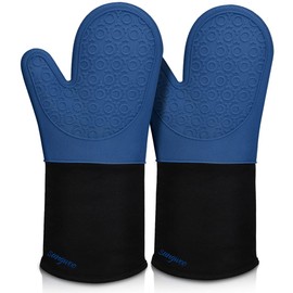 sungwoo Extra Long Silicone Oven Mitts, Heat Resistant Oven Gloves with Quilted Liner Non-Slip Textured Grip Perfect for BBQ, Baking, Cooking and Grilling - 1 Pair 14.6 Inch Royal Blue & Black